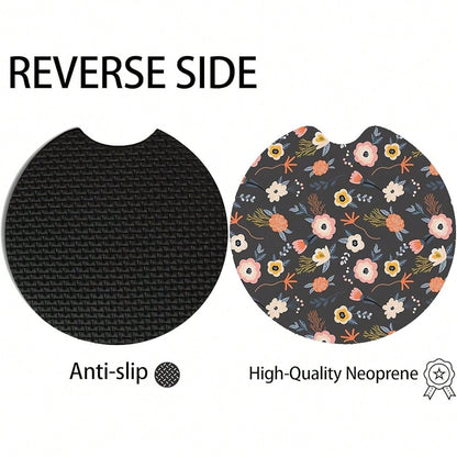 NEW- 2pcs Cute Red Flowers Car Coasters,Absorbent Universal Neoprener Cup Holder Coasters With A Finger Notch,Car Accessories For Women&Man Interior2.75" 5
