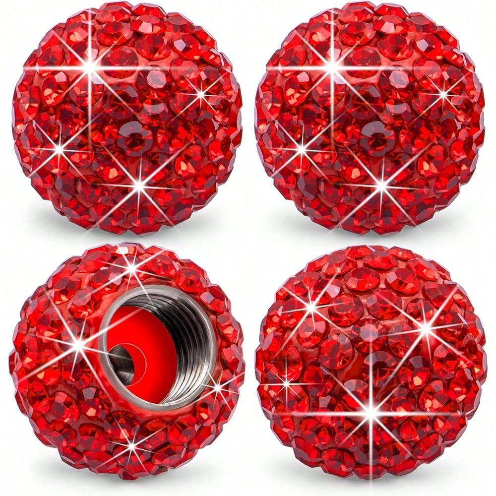 NEW- 4PCS Bling Crystal Diamond Tire Stem Valve Caps, Crystal Shinny Rhinestone Car Wheel Tire Valve Caps For Women, Universal For Cars, SUV, Trucks, Bikes, Motorcycles, Bicycles (Red)
