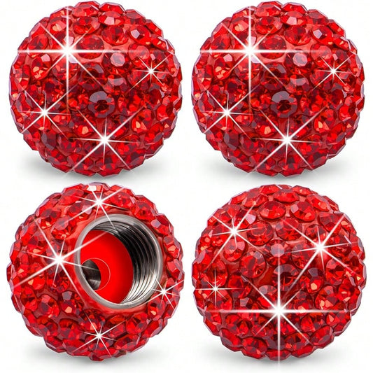 NEW- 4PCS Bling Crystal Diamond Tire Stem Valve Caps, Crystal Shinny Rhinestone Car Wheel Tire Valve Caps For Women, Universal For Cars, SUV, Trucks, Bikes, Motorcycles, Bicycles (Red)
