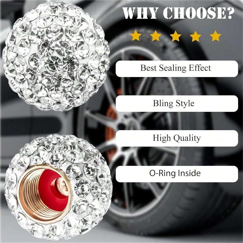 NEW- 4PCS Bling Crystal Diamond Tire Stem Valve Caps, Crystal Shinny Rhinestone Car Wheel Tire Valve Caps For Women, Universal For Cars, SUV, Trucks, Bikes, Motorcycles, Bicycles (Red)