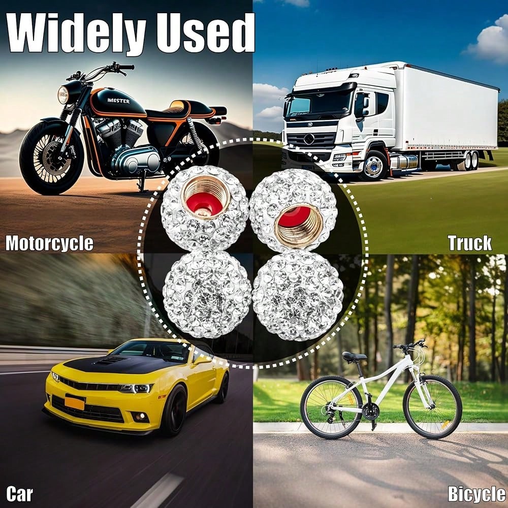 NEW- 4PCS Bling Crystal Diamond Tire Stem Valve Caps, Crystal Shinny Rhinestone Car Wheel Tire Valve Caps For Women, Universal For Cars, SUV, Trucks, Bikes, Motorcycles, Bicycles (Red)