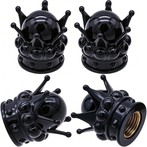 NEW- 4PCS Crown Bling Tire Stem Valve Caps, Crystal Diamond Tire Air Cap Set Universal Copper Core Stem Covers For Cars, SUV, Trucks, Bikes, Motorcycles, Bicycles (Black & Black)