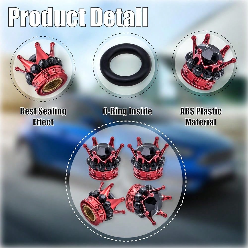 NEW- 4PCS Crown Bling Tire Stem Valve Caps, Crystal Diamond Tire Air Cap Set Universal Copper Core Stem Covers For Cars, SUV, Trucks, Bikes, Motorcycles, Bicycles (Black & Black)