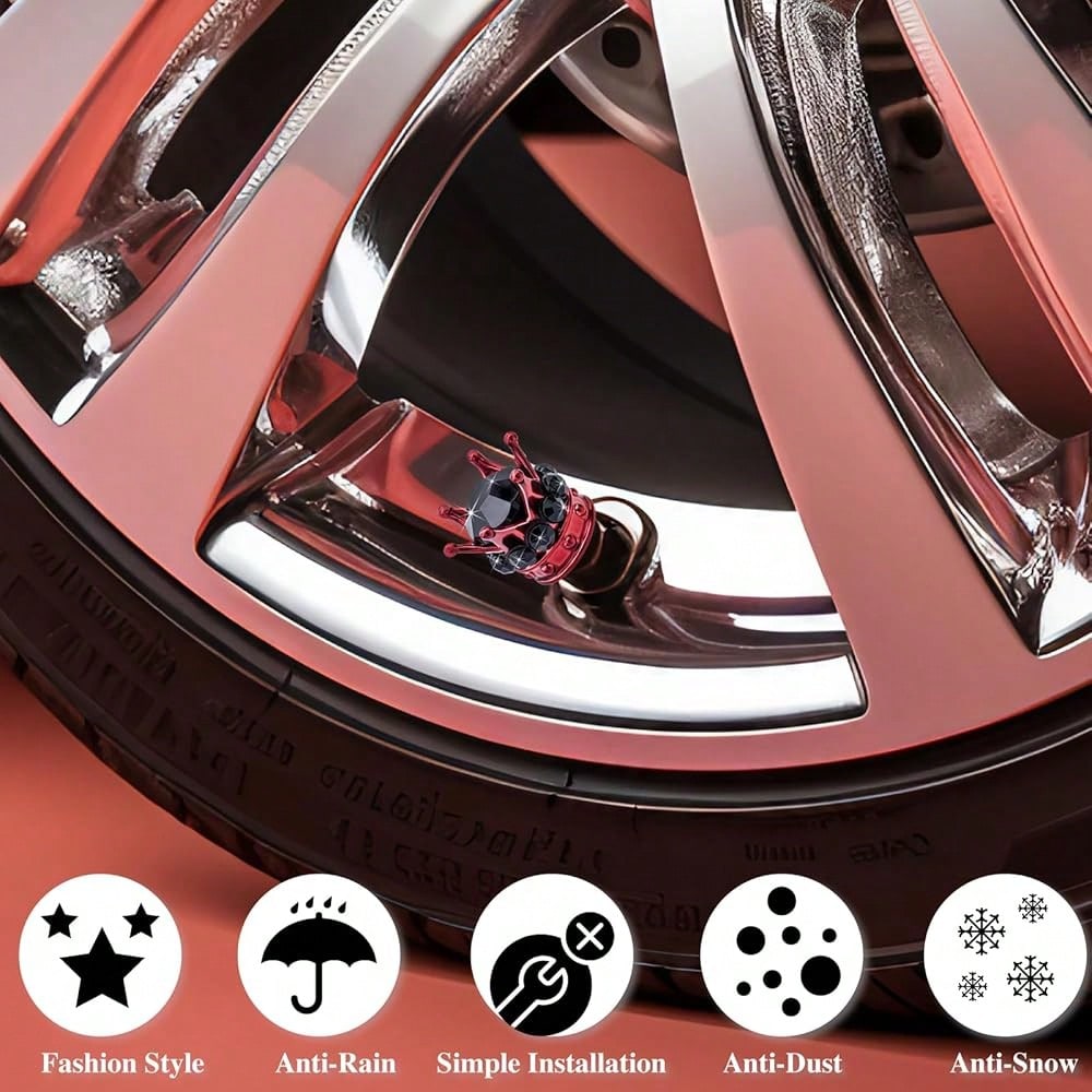 NEW- 4PCS Crown Bling Tire Stem Valve Caps, Crystal Diamond Tire Air Cap Set Universal Copper Core Stem Covers For Cars, SUV, Trucks, Bikes, Motorcycles, Bicycles (Black & Black)