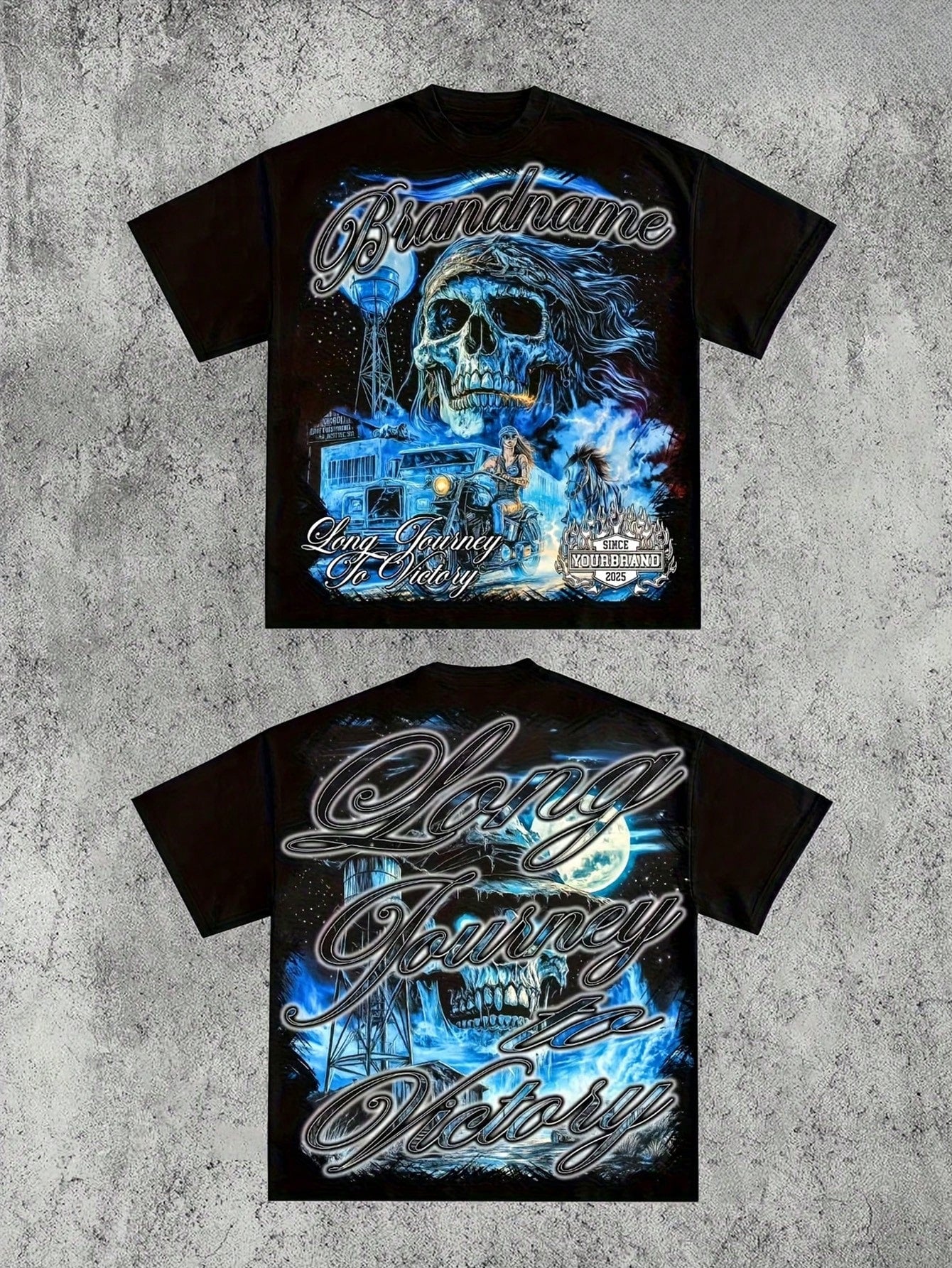 New Arrival Men 100% Cotton Oversized Tee Double Sided Blue Skull Biker Western Motorcycle Graphic Crew Neck Short Sleeve Loose Y2K Vintage T Shirt