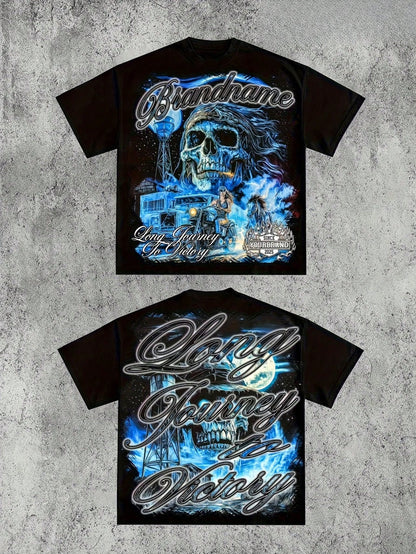 New Arrival Men 100% Cotton Oversized Tee Double Sided Blue Skull Biker Western Motorcycle Graphic Crew Neck Short Sleeve Loose Y2K Vintage T Shirt