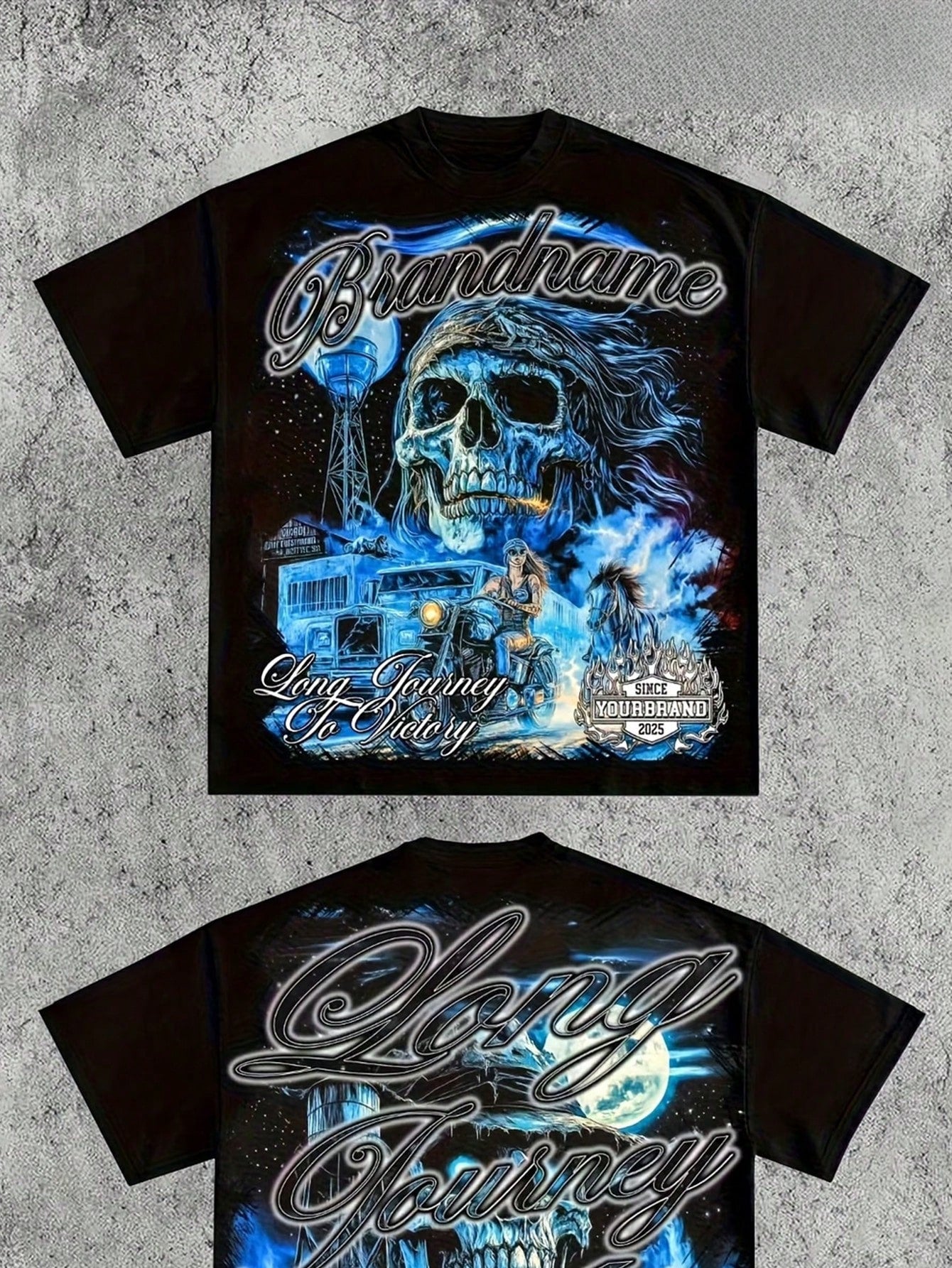 New Arrival Men 100% Cotton Oversized Tee Double Sided Blue Skull Biker Western Motorcycle Graphic Crew Neck Short Sleeve Loose Y2K Vintage T Shirt