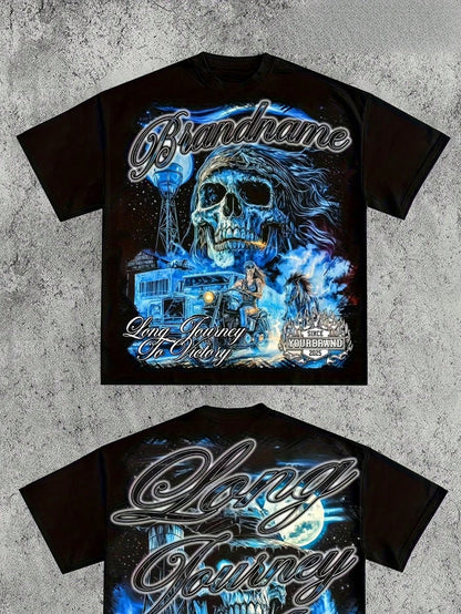 New Arrival Men 100% Cotton Oversized Tee Double Sided Blue Skull Biker Western Motorcycle Graphic Crew Neck Short Sleeve Loose Y2K Vintage T Shirt