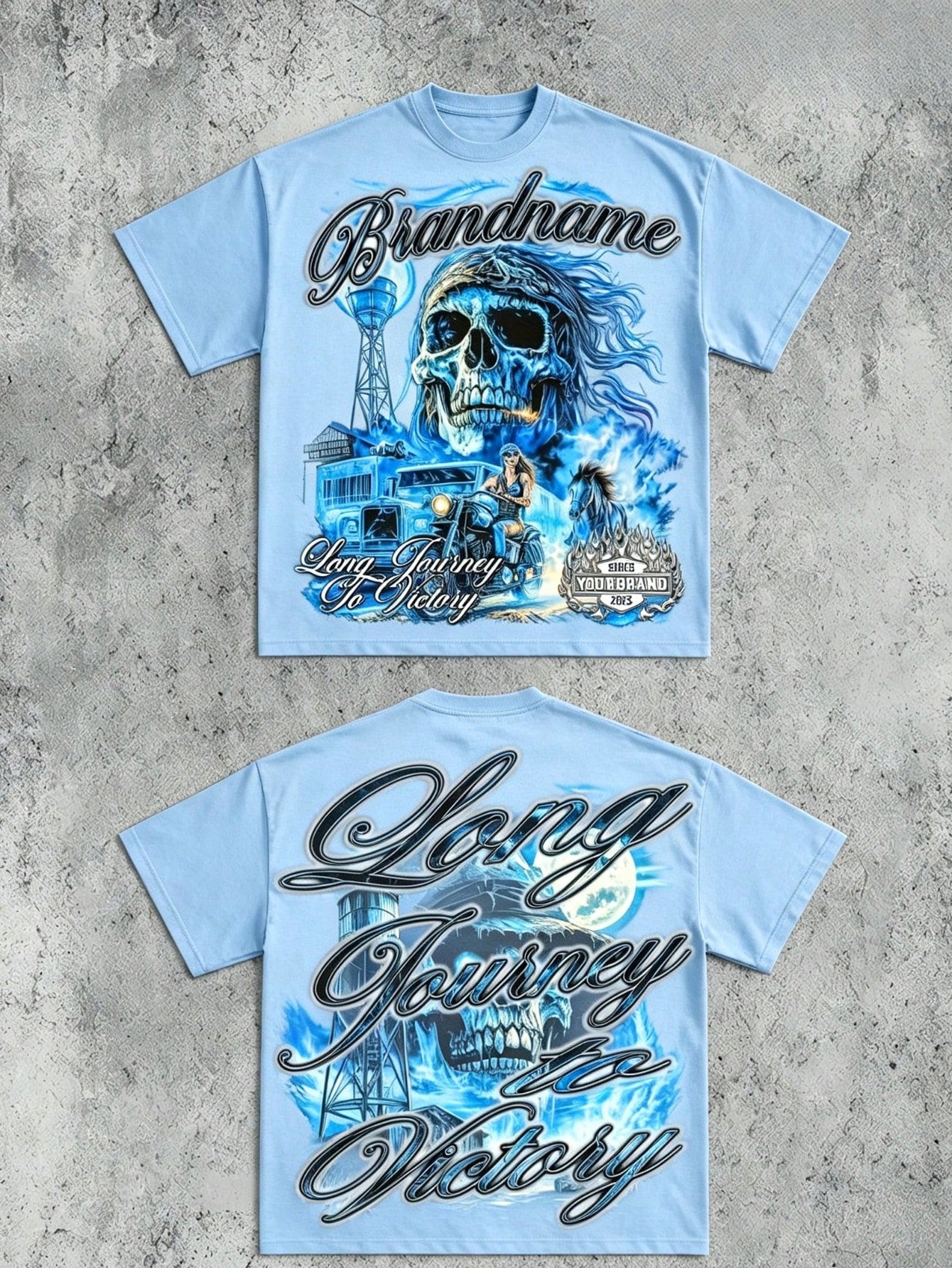 New Arrival Men 100% Cotton Oversized Tee Double Sided Blue Skull Biker Western Motorcycle Graphic Crew Neck Short Sleeve Loose Y2K Vintage T Shirt