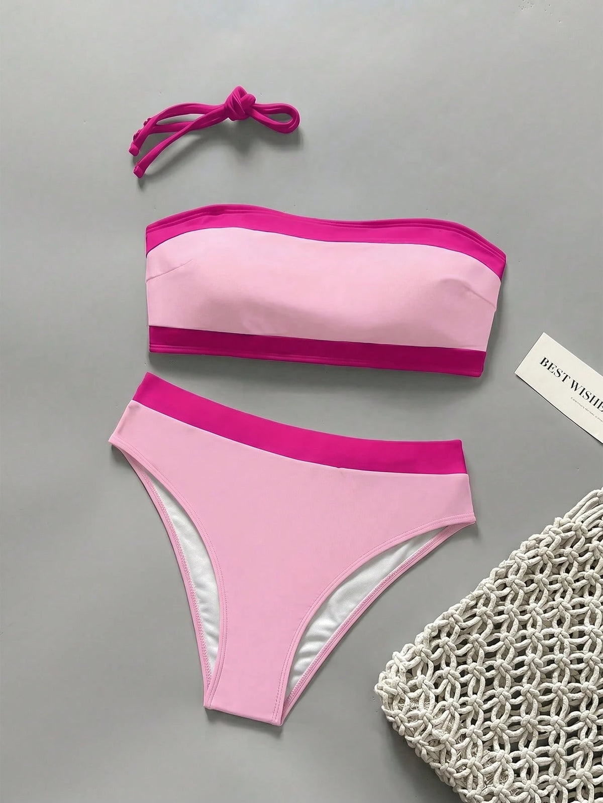 New Beach Pool Party Vacation Fashion Sexy Solid Color Block Detachable Shoulder Strap Strapless Bikini Split Swimwear For Women Pink Summer
