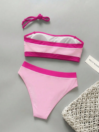 New Beach Pool Party Vacation Fashion Sexy Solid Color Block Detachable Shoulder Strap Strapless Bikini Split Swimwear For Women Pink Summer