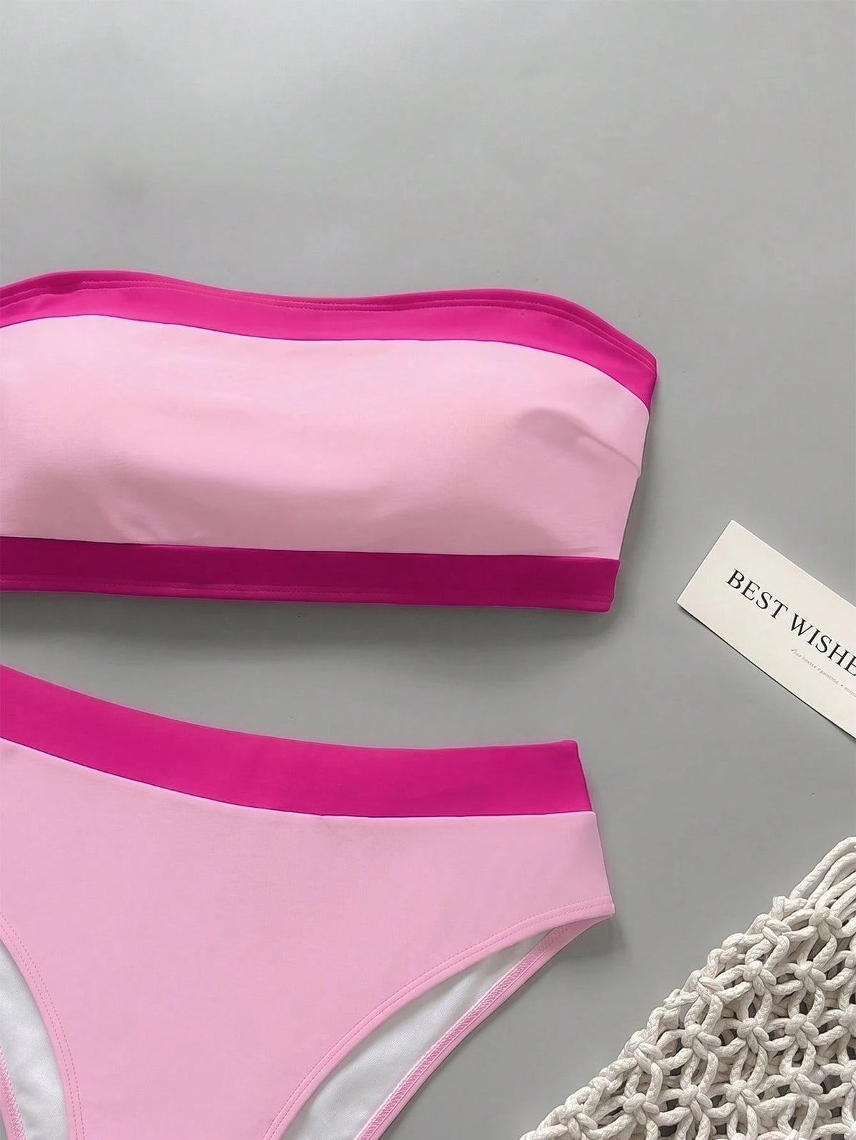 New Beach Pool Party Vacation Fashion Sexy Solid Color Block Detachable Shoulder Strap Strapless Bikini Split Swimwear For Women Pink Summer