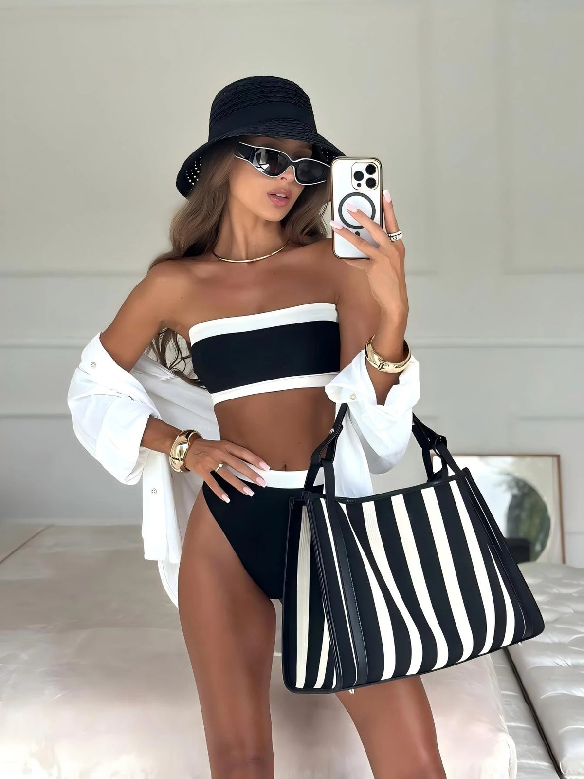New Beach Pool Party Vacation Fashion Sexy Solid Color Block Detachable Shoulder Strap Strapless Bikini Split Swimwear For Women Pink Summer