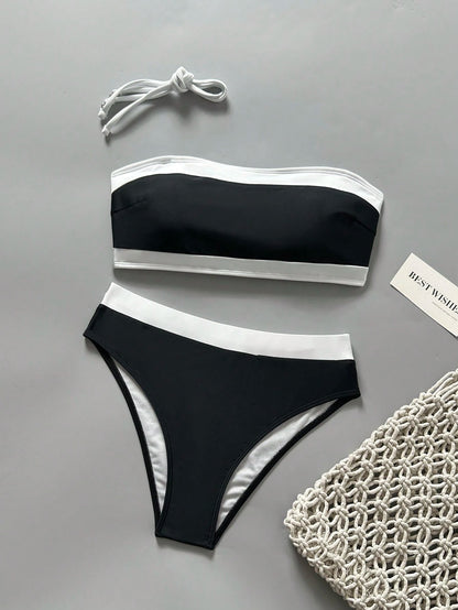 New Beach Pool Party Vacation Fashion Sexy Solid Color Block Detachable Shoulder Strap Strapless Bikini Split Swimwear For Women Pink Summer