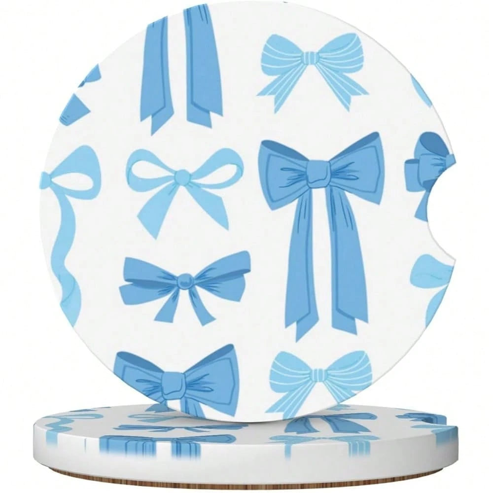 NEW- Blue Bow Car Cup Coaster 2 Pack Ceramic Absorbent Car Coasters 2.56 Inch Non-Slip Car Cup Holder Interior Car Accessories For Women Girls Cup Mats With Cork Base And Finger Notch