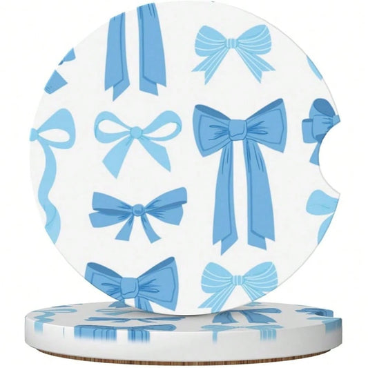 NEW- Blue Bow Car Cup Coaster 2 Pack Ceramic Absorbent Car Coasters 2.56 Inch Non-Slip Car Cup Holder Interior Car Accessories For Women Girls Cup Mats With Cork Base And Finger Notch