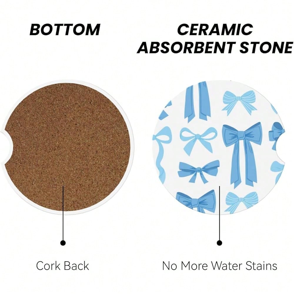 NEW- Blue Bow Car Cup Coaster 2 Pack Ceramic Absorbent Car Coasters 2.56 Inch Non-Slip Car Cup Holder Interior Car Accessories For Women Girls Cup Mats With Cork Base And Finger Notch
