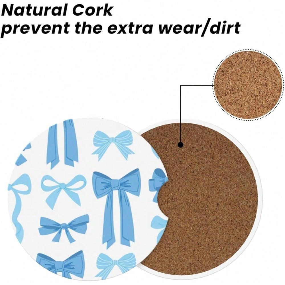 NEW- Blue Bow Car Cup Coaster 2 Pack Ceramic Absorbent Car Coasters 2.56 Inch Non-Slip Car Cup Holder Interior Car Accessories For Women Girls Cup Mats With Cork Base And Finger Notch