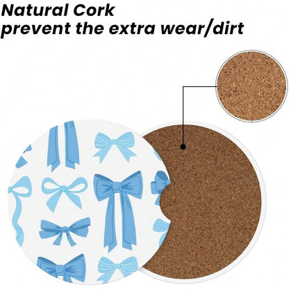 NEW- Blue Bow Car Cup Coaster 2 Pack Ceramic Absorbent Car Coasters 2.56 Inch Non-Slip Car Cup Holder Interior Car Accessories For Women Girls Cup Mats With Cork Base And Finger Notch