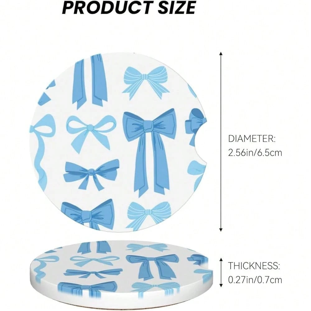 NEW- Blue Bow Car Cup Coaster 2 Pack Ceramic Absorbent Car Coasters 2.56 Inch Non-Slip Car Cup Holder Interior Car Accessories For Women Girls Cup Mats With Cork Base And Finger Notch