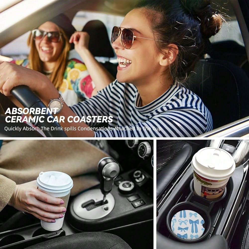 NEW- Blue Bow Car Cup Coaster 2 Pack Ceramic Absorbent Car Coasters 2.56 Inch Non-Slip Car Cup Holder Interior Car Accessories For Women Girls Cup Mats With Cork Base And Finger Notch