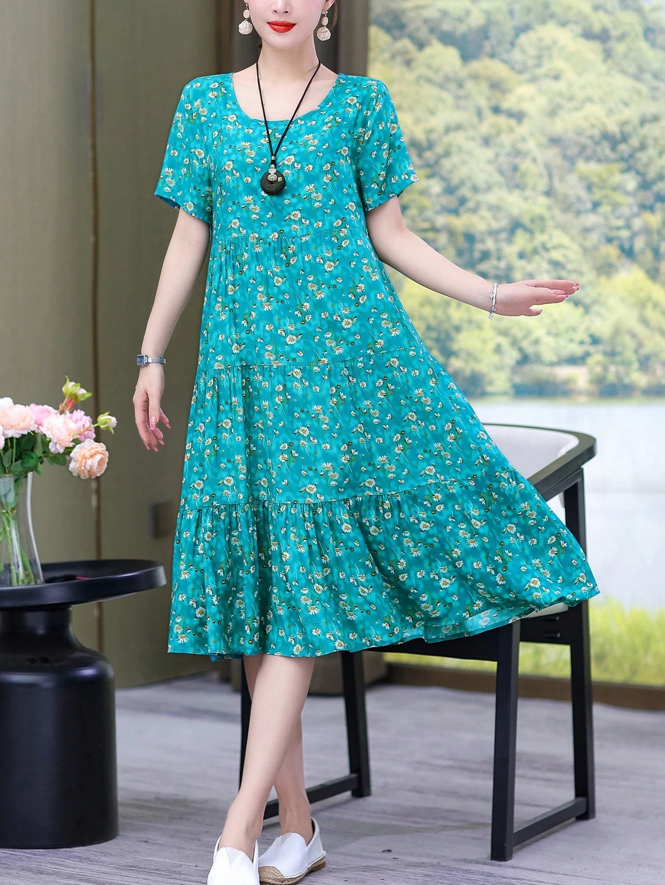 New Casual Printed Loose Mid-Length Dress For Women Vacation Summer Elegant