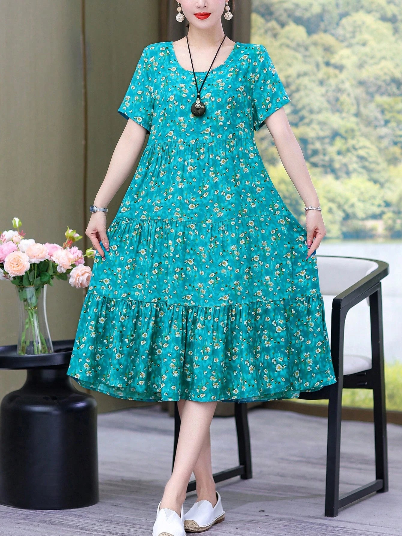 New Casual Printed Loose Mid-Length Dress For Women Vacation Summer Elegant