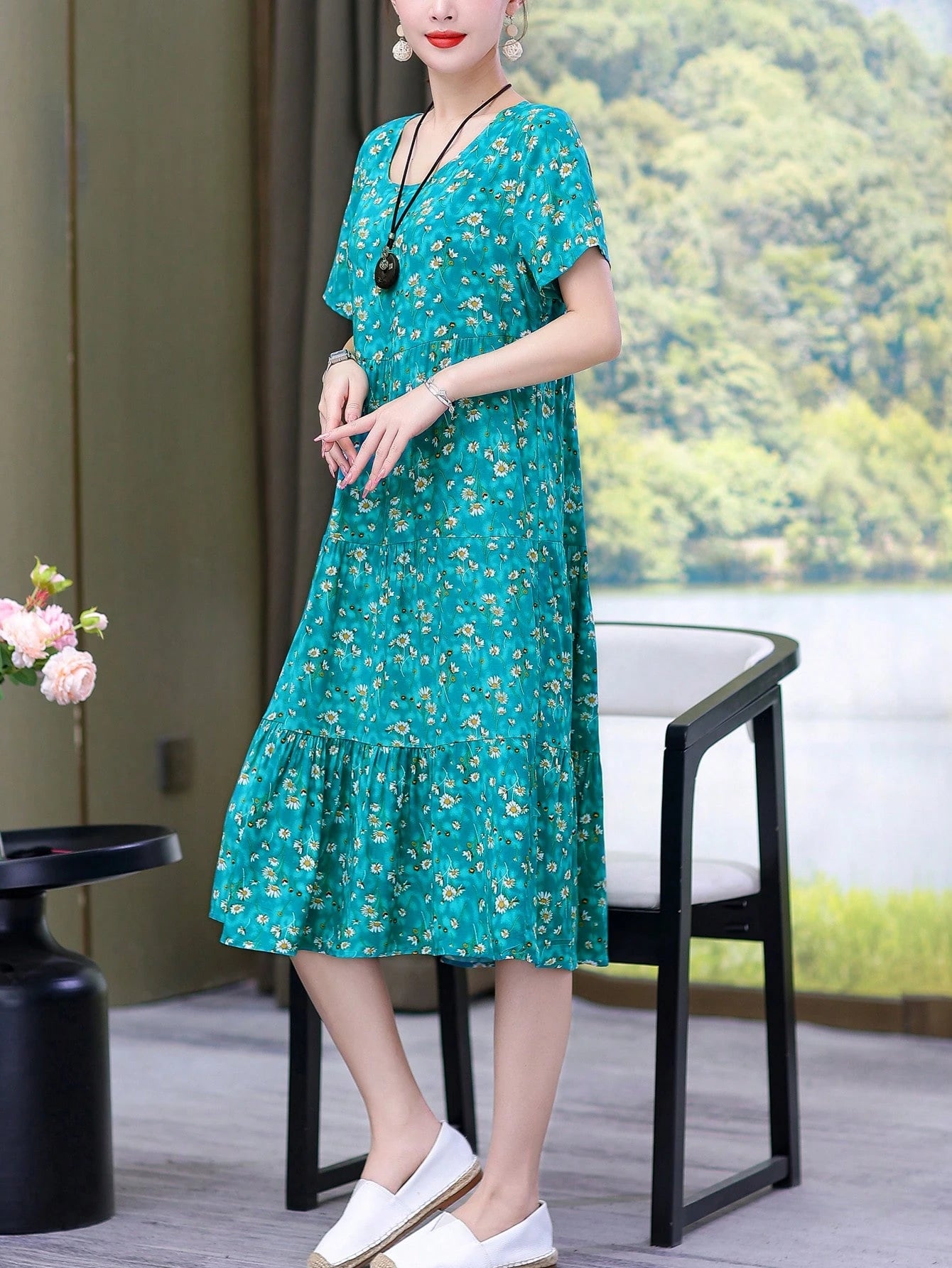 New Casual Printed Loose Mid-Length Dress For Women Vacation Summer Elegant