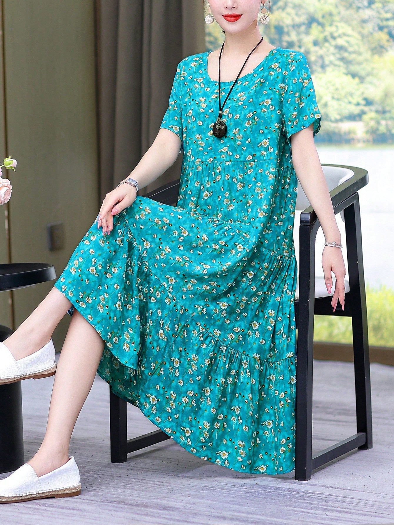 New Casual Printed Loose Mid-Length Dress For Women Vacation Summer Elegant