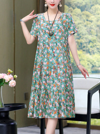 New Casual Printed Loose Mid-Length Dress For Women Vacation Summer Elegant