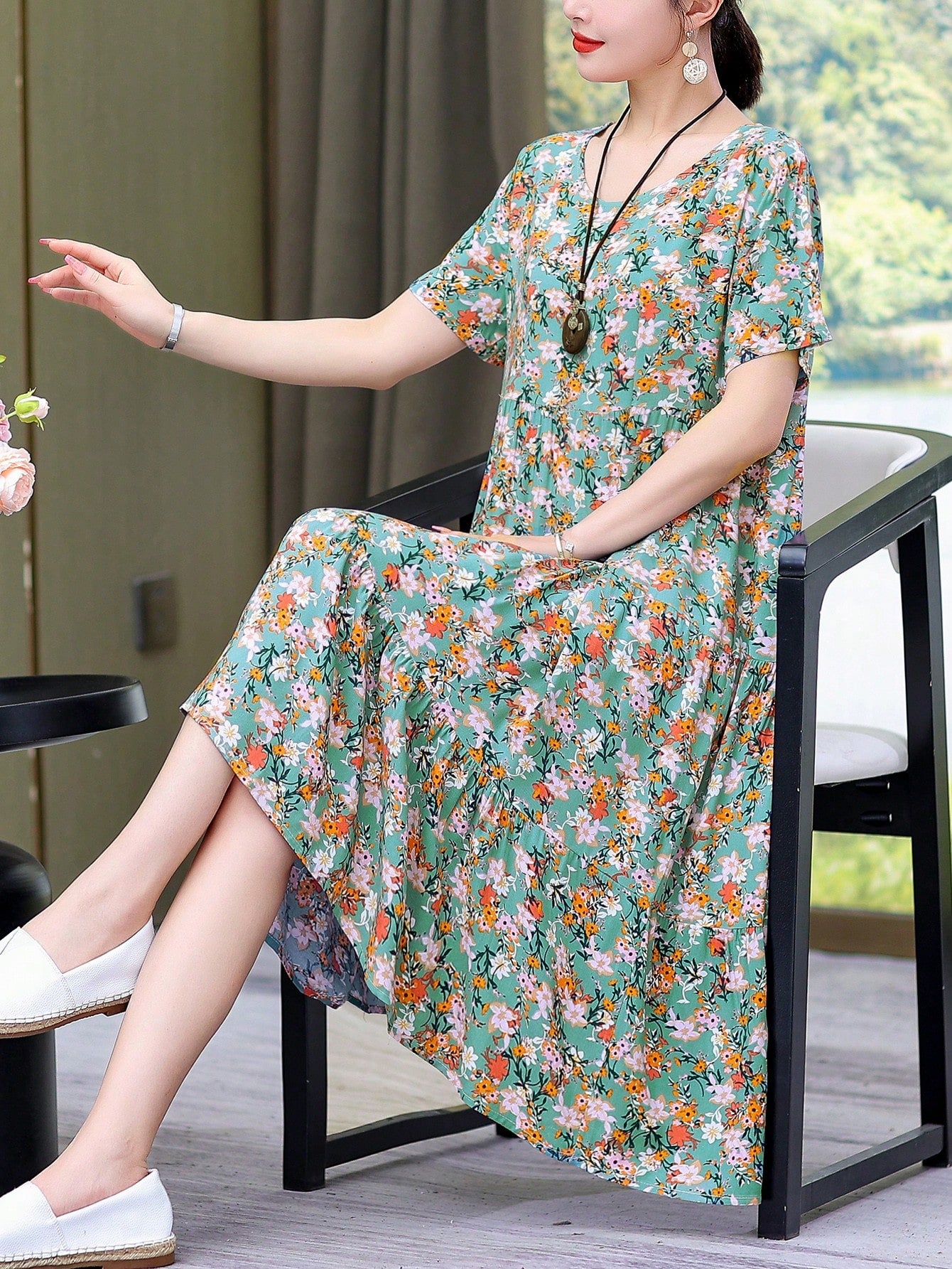New Casual Printed Loose Mid-Length Dress For Women Vacation Summer Elegant