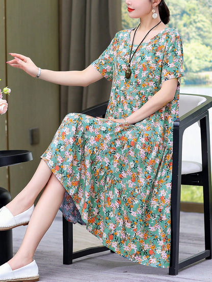 New Casual Printed Loose Mid-Length Dress For Women Vacation Summer Elegant