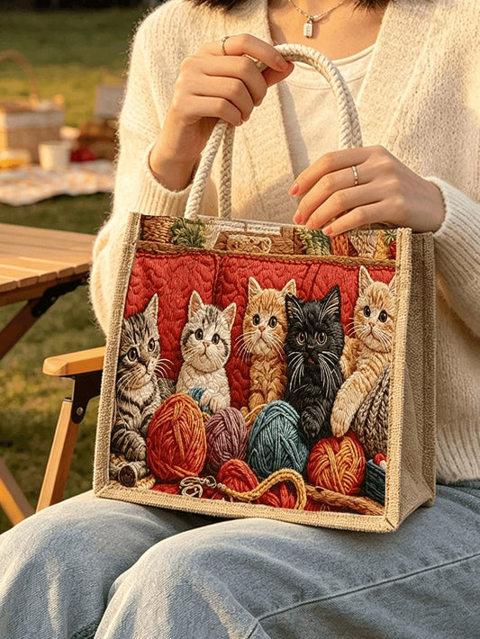 New Cat Pattern Tote Bag, Women's Storage Bag| Makeup Bag| Reusable Handle Storage Bag| Luggage Organizer| Women's Handbag| Outdoor Leisure Storage Bag| Suitable For Storing Travel Supplies, Bea
