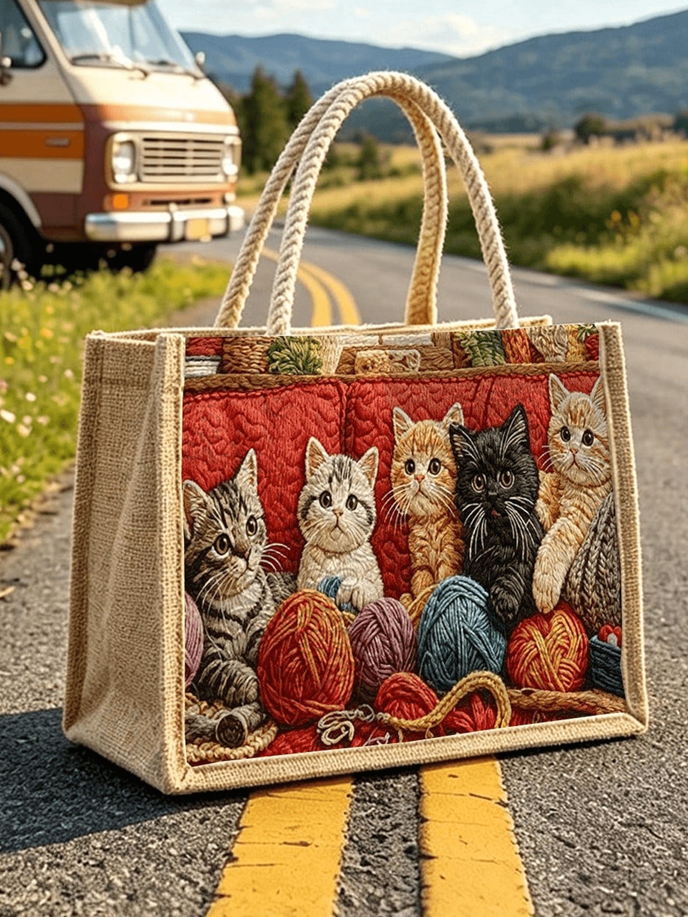 New Cat Pattern Tote Bag, Women's Storage Bag| Makeup Bag| Reusable Handle Storage Bag| Luggage Organizer| Women's Handbag| Outdoor Leisure Storage Bag| Suitable For Storing Travel Supplies, Bea