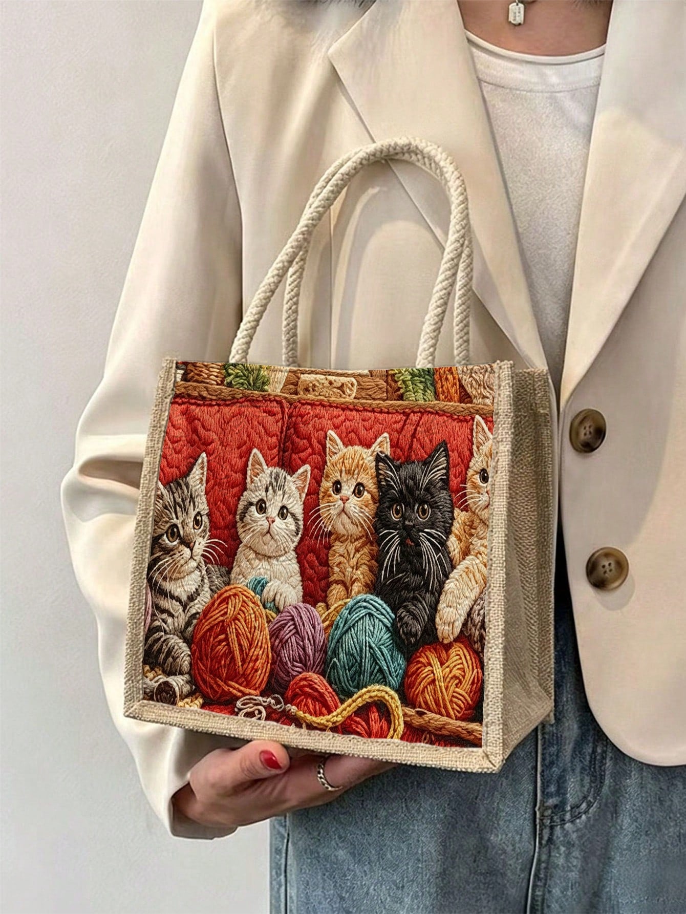 New Cat Pattern Tote Bag, Women's Storage Bag| Makeup Bag| Reusable Handle Storage Bag| Luggage Organizer| Women's Handbag| Outdoor Leisure Storage Bag| Suitable For Storing Travel Supplies, Bea