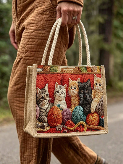 New Cat Pattern Tote Bag, Women's Storage Bag| Makeup Bag| Reusable Handle Storage Bag| Luggage Organizer| Women's Handbag| Outdoor Leisure Storage Bag| Suitable For Storing Travel Supplies, Bea