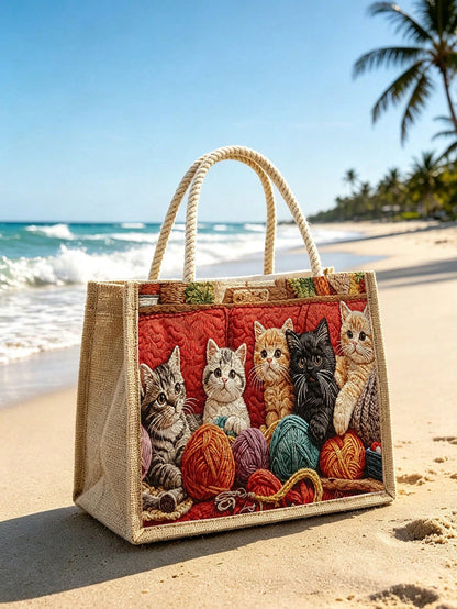 New Cat Pattern Tote Bag, Women's Storage Bag| Makeup Bag| Reusable Handle Storage Bag| Luggage Organizer| Women's Handbag| Outdoor Leisure Storage Bag| Suitable For Storing Travel Supplies, Bea