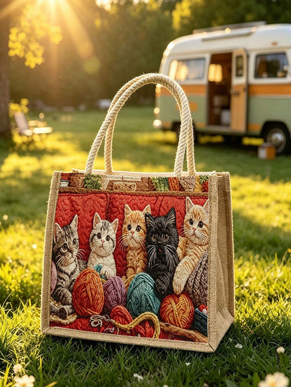 New Cat Pattern Tote Bag, Women's Storage Bag| Makeup Bag| Reusable Handle Storage Bag| Luggage Organizer| Women's Handbag| Outdoor Leisure Storage Bag| Suitable For Storing Travel Supplies, Bea