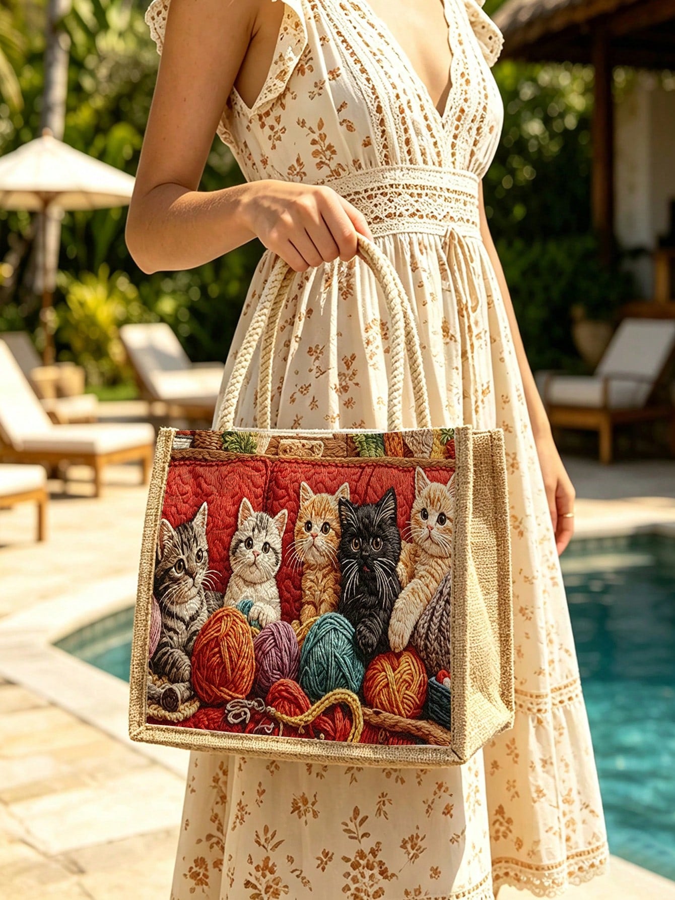 New Cat Pattern Tote Bag, Women's Storage Bag| Makeup Bag| Reusable Handle Storage Bag| Luggage Organizer| Women's Handbag| Outdoor Leisure Storage Bag| Suitable For Storing Travel Supplies, Bea
