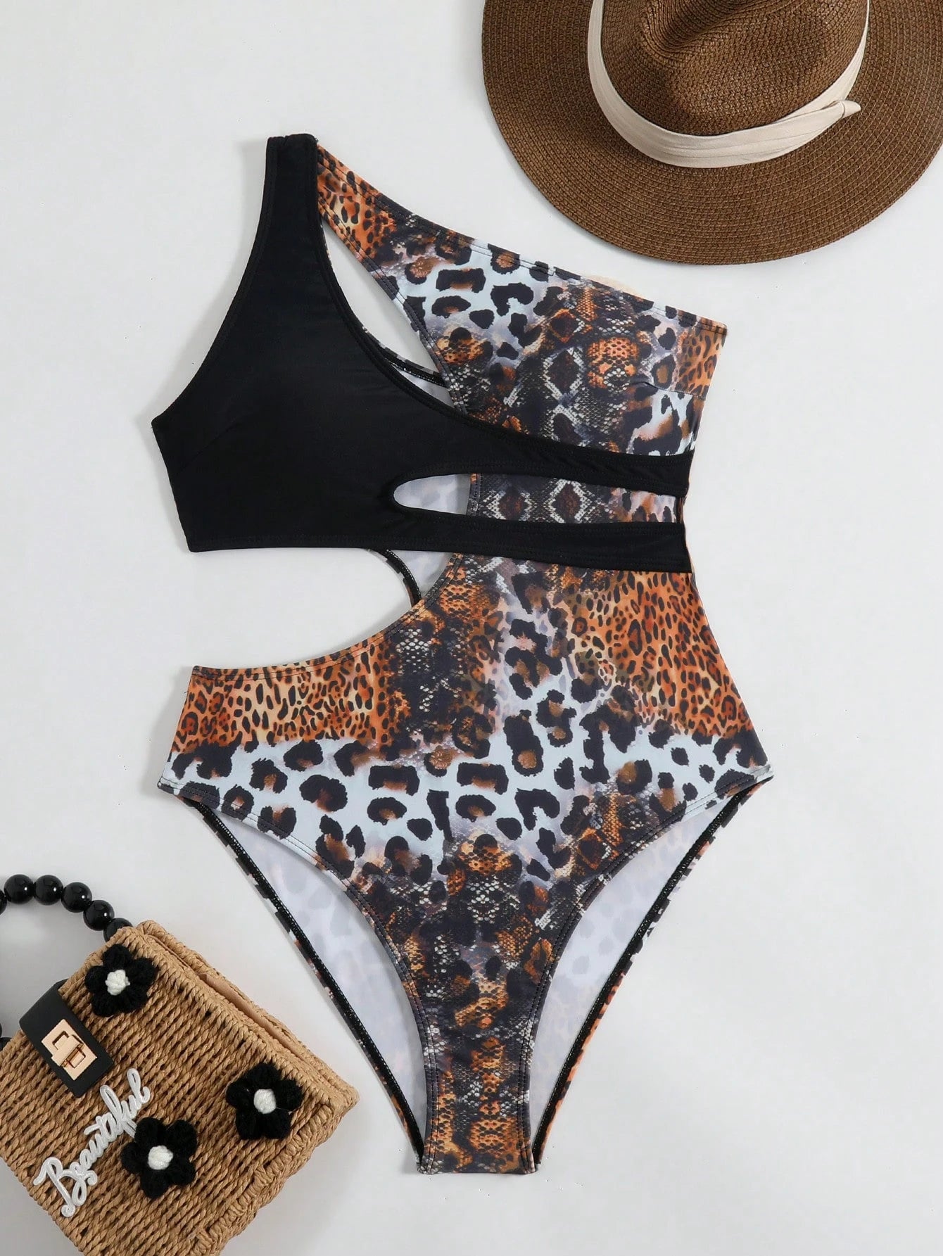 New Leopard Print Patchwork Criss-Cross Strap One-Piece Swimsuit, Fashionable Sexy Casual For Beach & Pool Party Vacation Black Summer