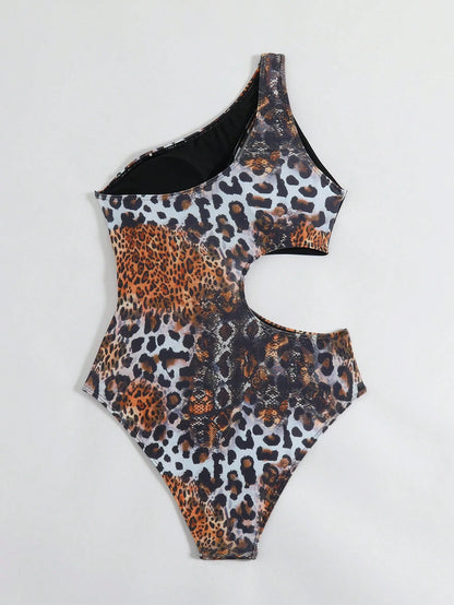 New Leopard Print Patchwork Criss-Cross Strap One-Piece Swimsuit, Fashionable Sexy Casual For Beach & Pool Party Vacation Black Summer