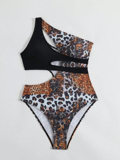 New Leopard Print Patchwork Criss-Cross Strap One-Piece Swimsuit, Fashionable Sexy Casual For Beach & Pool Party Vacation Black Summer