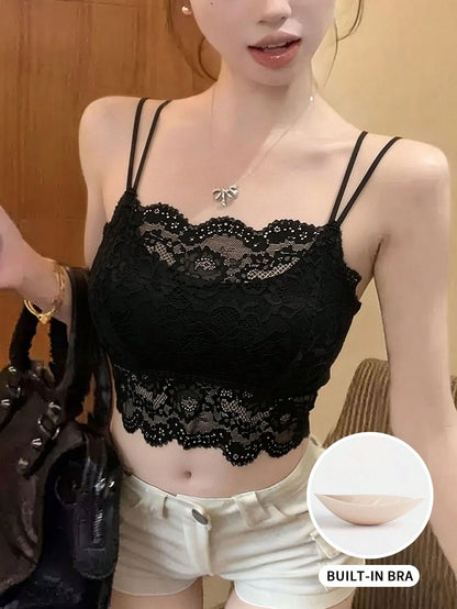 New Spring/Summer Back-To-School Cute & Sexy Lace Camisole With Padded Bust, Solid Color Women's Underwear Cami Top Casual Black