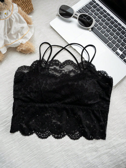 New Spring/Summer Back-To-School Cute & Sexy Lace Camisole With Padded Bust, Solid Color Women's Underwear Cami Top Casual Black