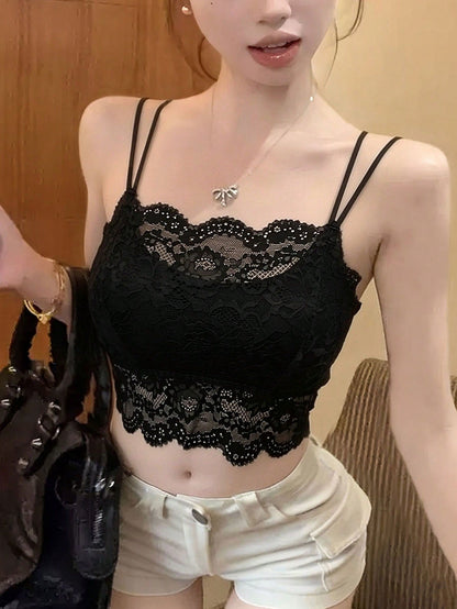 New Spring/Summer Back-To-School Cute & Sexy Lace Camisole With Padded Bust, Solid Color Women's Underwear Cami Top Casual Black