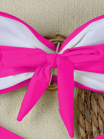 New Strapless Black Bikini Set, Sexy Elegant Beach Holiday Party Date Swimwear Pink Vacation Summer
