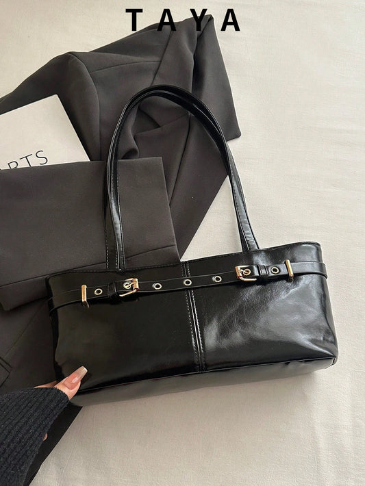 New Vintage Fashion Square Bag, Metal Strap Decoration, Zipper Opening, Lightweight Minimalist, Faux PU Leather Solid Color Shoulder Underarm Bag, Suitable For Women's Daily Life, Casual, Commuting, W