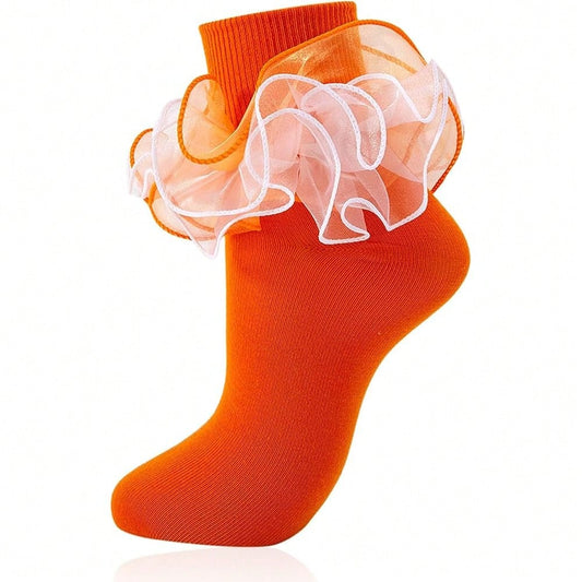 NEW- Women Big Ruffle Ankle Socks Adult Fluffy 4-Layer Lace Frilly Socks Fold Cuff Cotton Fancy Ruffled Dress Bobby Sock