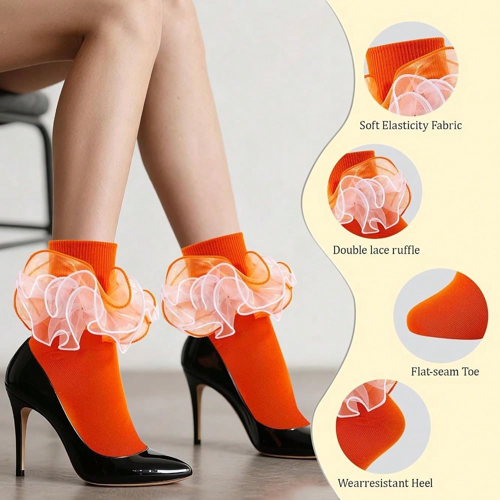 NEW- Women Big Ruffle Ankle Socks Adult Fluffy 4-Layer Lace Frilly Socks Fold Cuff Cotton Fancy Ruffled Dress Bobby Sock