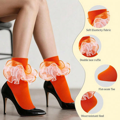 NEW- Women Big Ruffle Ankle Socks Adult Fluffy 4-Layer Lace Frilly Socks Fold Cuff Cotton Fancy Ruffled Dress Bobby Sock